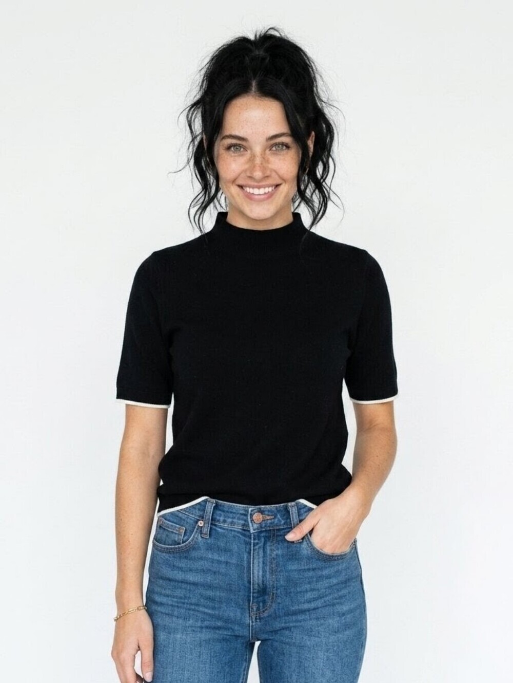 Love Token Minimalist Short Sleeve Black Contrast Knit Mock Neck Sweater - Small